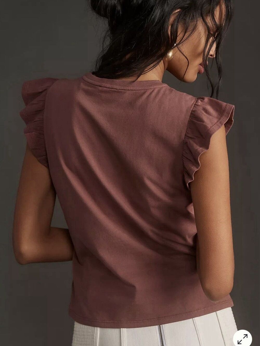 Paige Women's Erissa Ruffle Sleeve Tee Sz Small Mocha Brown Cotton Casual Office - Picture 3 of 9